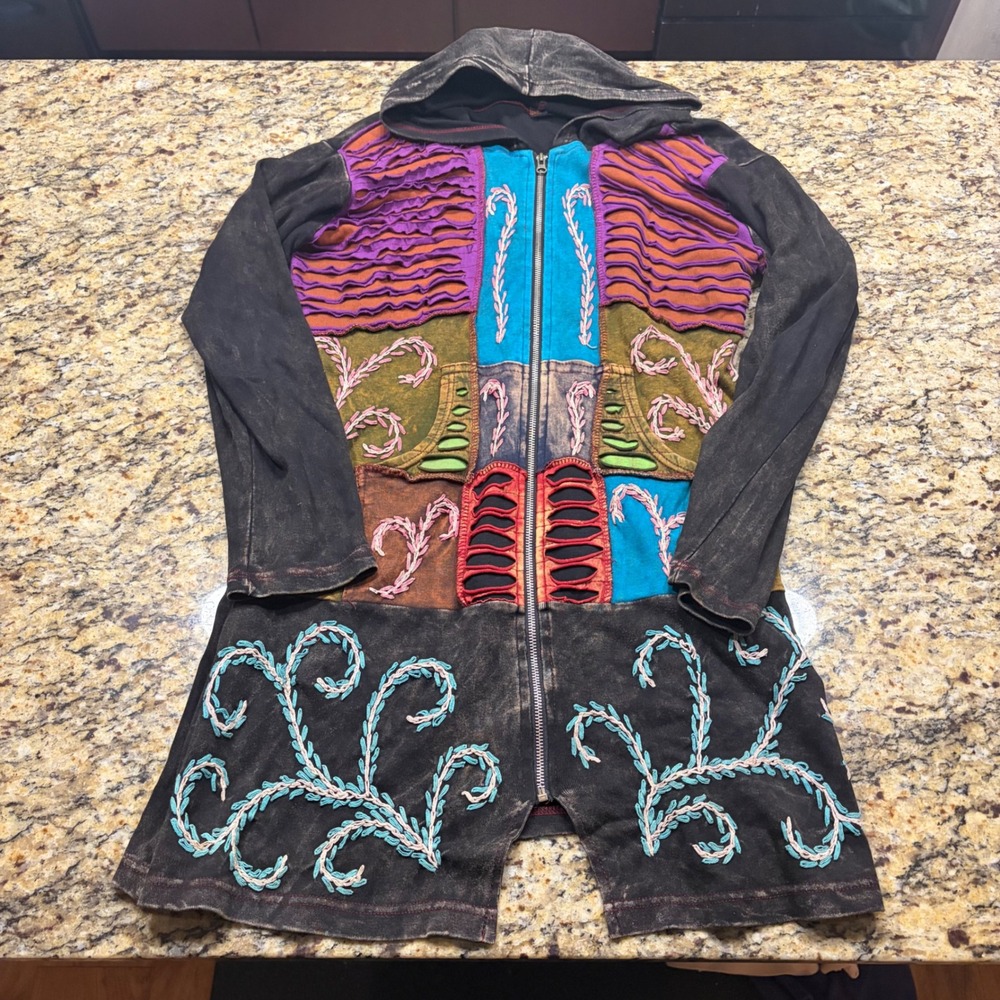 Rising International Patchwork Hoodie Jacket Boho Embroidered Slashed Multi L